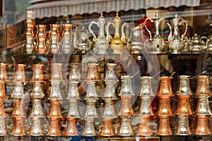 Traditional coffee pots in a shop window