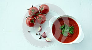 Traditional cold gazpacho soup on a white background, with slices of bread. Top view. Copy space