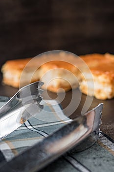 Traditional Colombian dessert Milhojas with tongs in the foreground photo