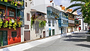 Traditional colonial architecture of Canary islands . capital of La palma - Santa Cruz with colorful balconies