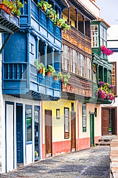 Traditional colonial architecture of Canary islands . capital of La palma - Santa Cruz with colorful balconies