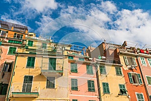 Traditional colorful building and houses in Riomaggiore, the fisherman village, in Cinque Terre, Italy