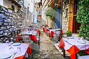 Traditional colorful Greece series,taverns in old streets skiathos island