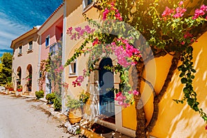 Traditional colorful greek houses in Assos village. Blooming fuchsia plant flowers growing around door. Warm sunlight. Kefalonia