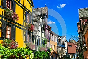 Traditional colorful half-timbered house in Alsace.. Riquewihr village, France