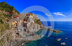 Traditional colorful houses and Mediterranean Sea, Manarola, Cinque Terre, Italy
