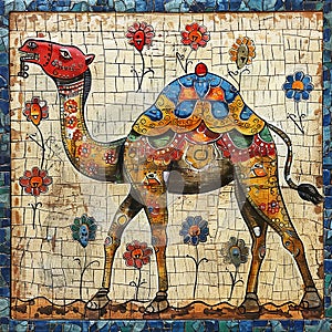 Traditional colorful Madhubani painting of a camel.