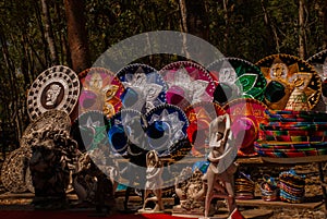 Traditional colorful Mexican sombrero hats, Souvenirs are sold to tourists on the market. Mexico