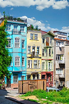 Traditional colorful old houses in Balat district, on a summer, Istanbul, Turkey