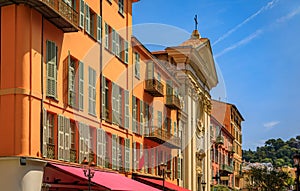 Traditional colorful old houses on a street, Old Town Vieille Ville, Nice France