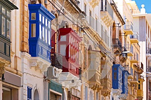 Traditional colorful wooden balconies, Malta