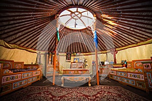 Traditional colorful yurta interior from the nomadic people in Kalmykia