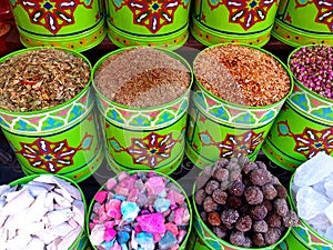 Traditional colourful spiecies in a typical exotic moroccan suk market photo