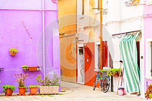 Traditional colourful walls of the common old houses with flower pots and the bicycle near the entrance door in Burano island. Ven