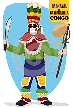 Traditional Congo Dancer Costume for Barranquilla`s Carnival, Vector Illustration