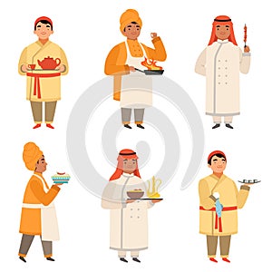 Traditional cook characters. Chef at different nationalities asian black indian and arab cooking at kitchen vector