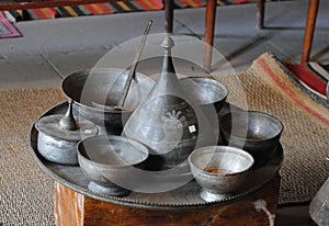 Traditional copper crockery in Lahic, Azerbaijan.