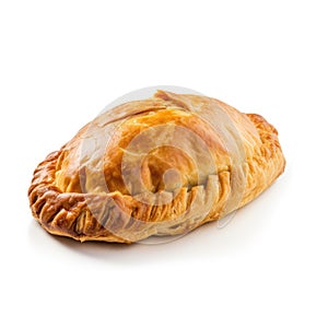 Traditional Cornish pasty meat pie on white background.. English delicacy.