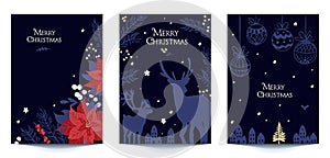 Traditional Corporate Holiday cards with Christmas tree, reindeers, birds, ornate floral frames