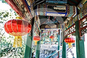 Traditional corridor of Beijing, China at sunny day in summer