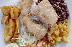 Traditional Costa Rican Dish Of Rice, Beans, Fish and Plantain