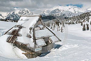 Traditional cottage on Velika planina in winter