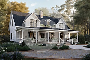 traditional cottage with wrap-around porch and rocking chairs