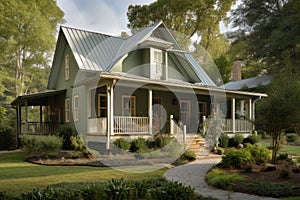 traditional cottage with wrap-around porch and rocking chairs