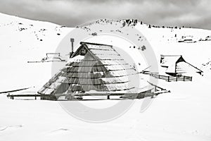 Traditional cottages on Velika planina in winter