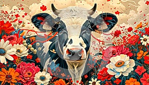 Traditional Cow decorated for japanese holiday. Cow Appreciation Day or Japanese Cow Festival