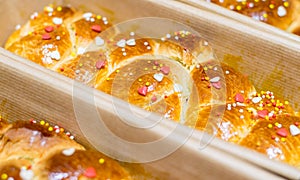 Traditional Cozonac also know as Kozunak, Pasqua, Tsoureki, Choreg. It is a type of Stollen or sweet leavened bread prepared for photo