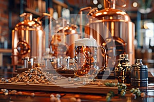 Traditional Craft Brewery with Shiny Copper Kettles and Fresh Pint of Beer Amidst Hops on Wooden Table