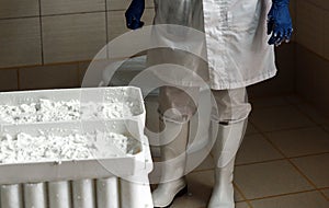 Traditional craft cheese making. Expert Cheesemaker forming cheese into the plastic molds at the small producing photo