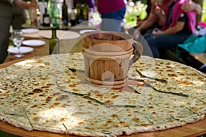 Traditional Croatian food on big wooden plate