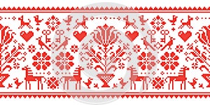 Traditional cross-stitch vector seamless folk art pattern with horses, flowers and birds - repetitive background inspired by Germa