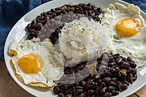 Traditional Cuban cuisine, black beans, rice and fried eggs