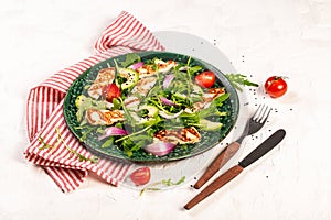 Traditional cuisine of Cyprus Salad with grilled Halloumi cheese, tomatoes, avocado, arugula. banner menu recipe place for text.