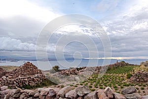 Traditional cultivated terrace in the bolivian island of titicaca lake