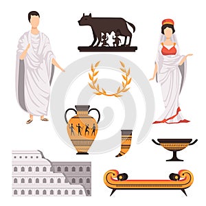 Traditional cultural symbols of ancient Rome set vector Illustrations on a white background