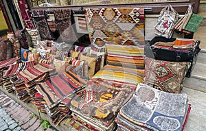 Traditional cushions and carpets in street,Istanbul,Turkey.