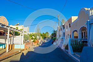 Traditional Cycladic architecture Kamari village Santorini street view Greece