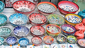 Traditional Cyprus painted ceramic dishes for sale at Nicosia, Cyprus.