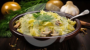 Traditional Czech dish of sauerkraut with potatoes and mushrooms