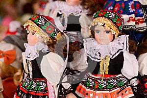 Traditional Czech dolls. Tourist souvenirs in the center of Prague.