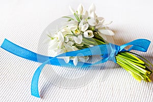 Traditional Czech easter decoration - bunch of white snowdrops - Galanthus nivalis - on the white background.