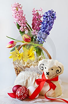 Traditional Czech easter decoration - white lamb cake with hyacinth