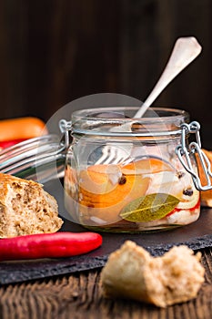 Traditional Czech sausages in vinegar with onion