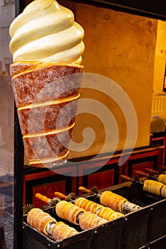 Traditional czech Trdelnik on a showcase in Prague shop