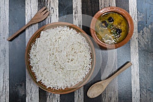 Traditional Daal Chawal on textured background.