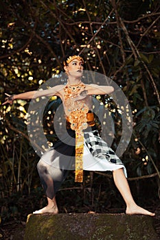 A Traditional dancer with golden clothes and a golden crown posing bravely in the jungle